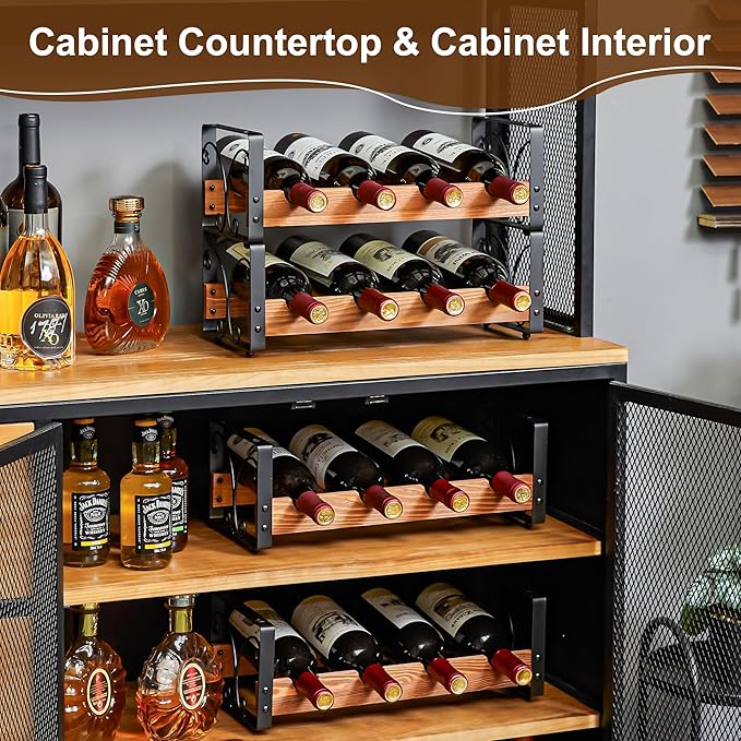 X-cosrack Wine Rack Countertop, 3-Tier 12 Bottles Small Wine Rack Stackable for Inside Cabinet, Solid Wood & Wrought Iron Wine Bottle Holder, Wine Storage Shelf for Kitchen Bar Dining Room