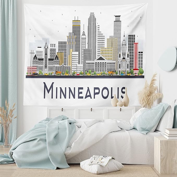 Ambesonne Minnesota Tapestry Twin Size, Elevation of a Street in Minneapolis Image with High Detailed Facades, Wall Hanging Bedspread Bed Cover Wall Decor, 68" X 88", White Grey