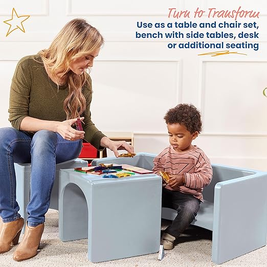 ECR4Kids Tri-Me Table and Cube Chair Set, Multipurpose Furniture, Light Grey, 3-Piece