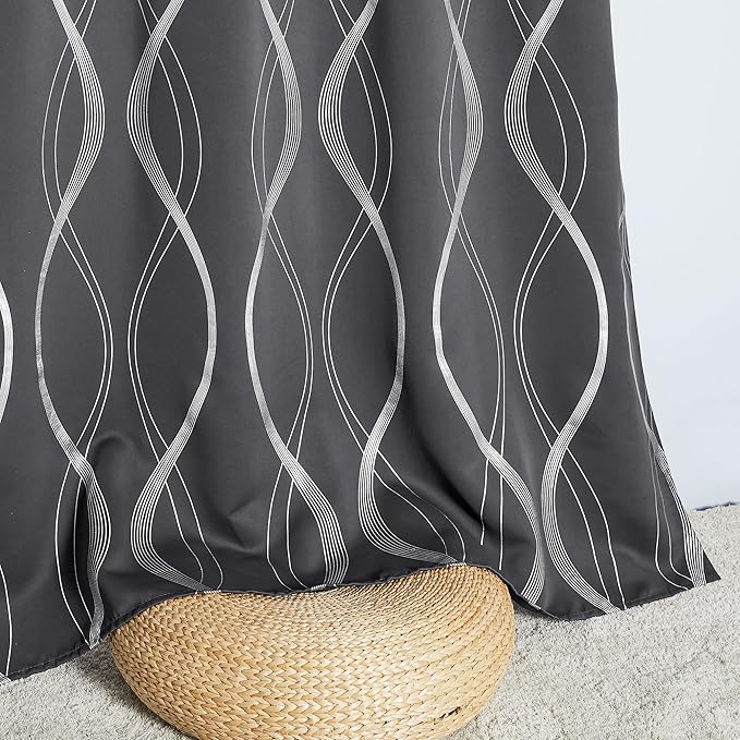 NICETOWN Blackout Curtains Panels for Bedroom, Microfiber Noise Reducing Thermal Insulated Wave Line Foil Print Design Blackout Curtains for Patio Sliding Glass Door (2 Panels, 34 x 84 Inch, Gray)