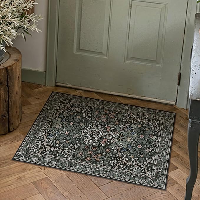 HUGEAR Vintage Floral 2x3 Machine Washable Small Entryway Area Rugs Black Green Retro Neutral Non Slip Stain Resistant Low Pile Throw Carpet for Hallway Kitchen Aesthetic Modern Decor