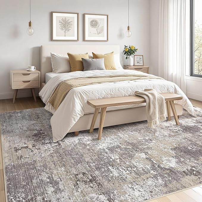Area Rugs for Living Room: 5x7 Abstract Washable Rug Modern Neutral Large Soft Stain Resistant Non-Slip Backing Machine Table for Bedroom Dining Room Indoor Home Office Carpet - Light Brown