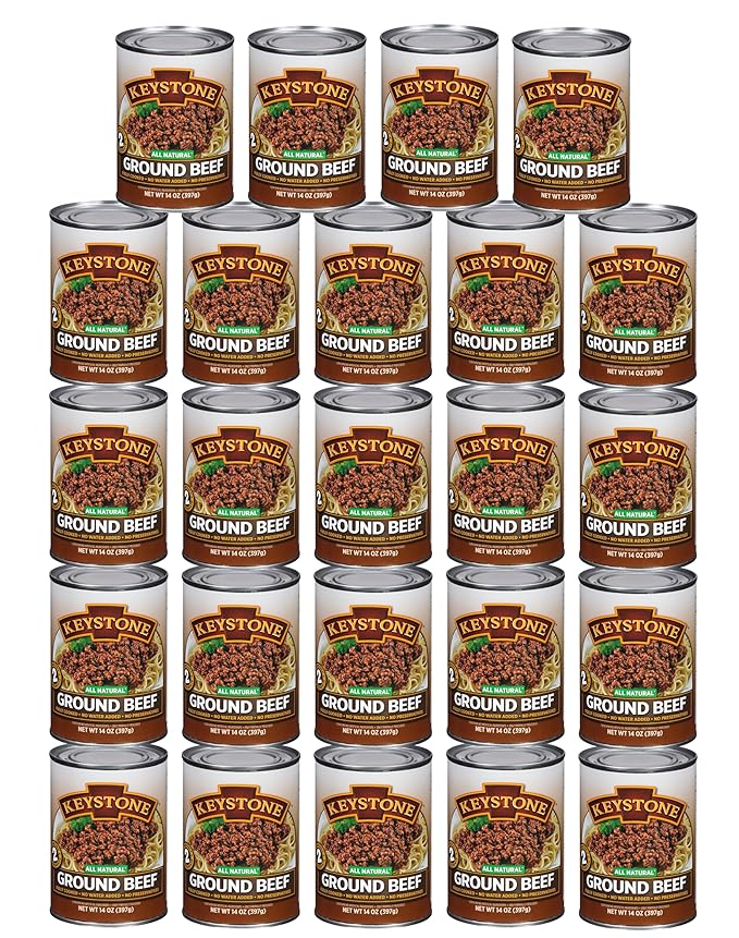 Keystone Meats All Natural Heat and Serve Ground Beef 14 oz – Fully Cooked Canned Meat – Ready to Eat – 5-Year Shelf Life – Pantry Staple for Everyday Meals, Emergency Survival Canned Food – Made in USA – Pack of 24
