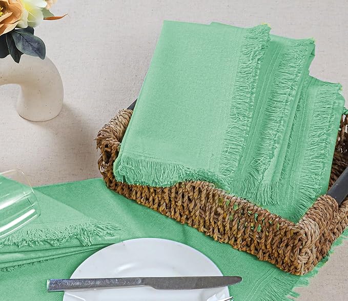 Bedding Craft Cotton Cloth Dinner Napkins Set of 12 – 18x18 Bird Egg Gray (Sea Green) with Fringed Corners – Machine Washable Fabric Napkins for Weddings, Parties & Everyday Dining