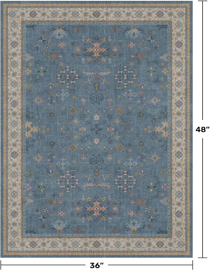 Washable Blue Rugs for Entryway Indoor - 3x4 Throw Rug for Large Kitchen, Bedroom Bedside, Bathroom, Mudroom, Boho Eclectic Modern Décor, Non Slip Low Pile Fade Resistant