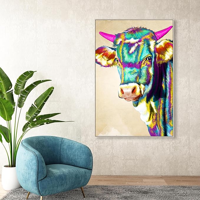 Country Farmhouse Canvas Print Painting Animal Wall Art 'Fun Colorful Glam Farm Cow' Champagne Framed Canvas Rustic Home Décor 36x54 in Green, Pink by Oliver Gal