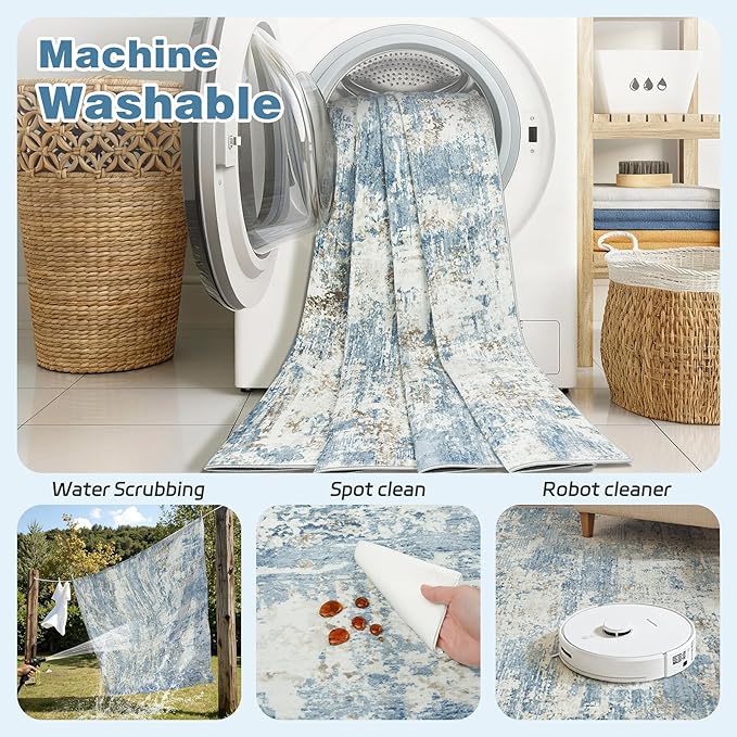 6x9 Area Rugs Living Room Rug Modern Abstract Neutral Washable Rugs Non Slip Soft Carpet Large Area Rug Low Pile Stain Resistant Non Shedding for Bedroom Nursery Dining Room Home Office Blue