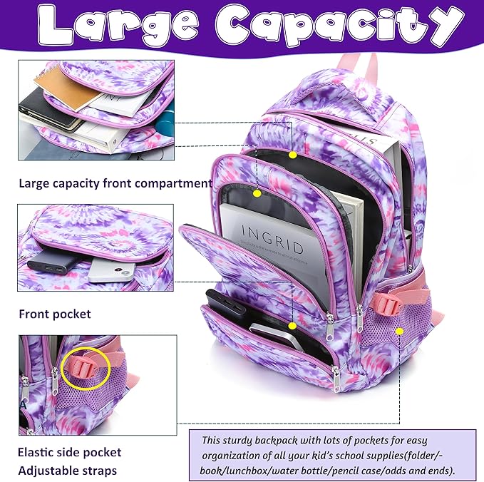 BLUEFAIRY Girls Backpack with Lunch Box Kids Bookbag Set Elemenatry School Bag 17" with insulated Lunch Bag Lunchbox Set Cute Back to School Gifts Mochilas Escolares para Niñas Tie Dye Purple