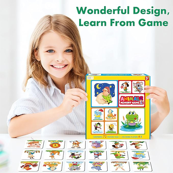 Memory Matching Game, 72 PCS Animals Matching Cards for Toddlers 36 Designs Memory Cards Educational Learning Toys for Preschool 4 5 6 Years Old