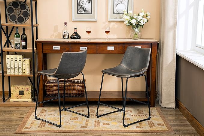 Roundhill Furniture Lotusville Vintage PU Leather Counter Height Stools, Antique Gray, Set of 2