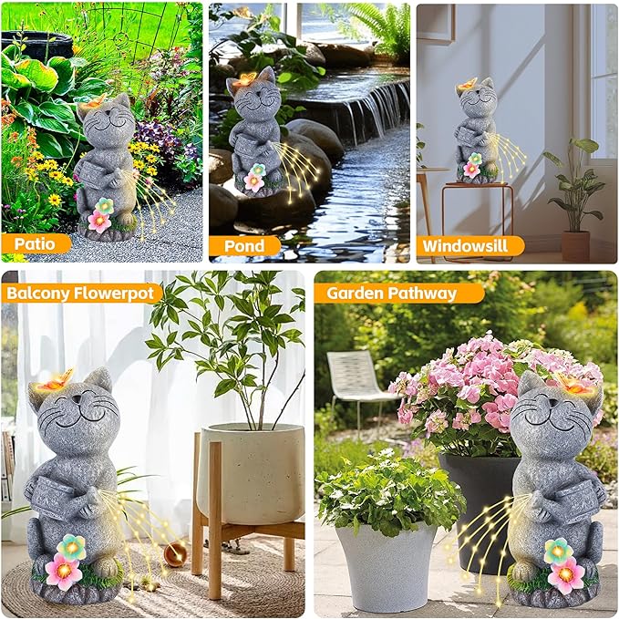 Solar Garden Cat Decor, Animal Statue Outdoor Lights, Mothers Day Birthday Housewarming Gifts for Mom Grandma Women Sister Wife Lady Lover-Patio, Porch, Yard, Balcony Decorations, Lawn Ornaments.