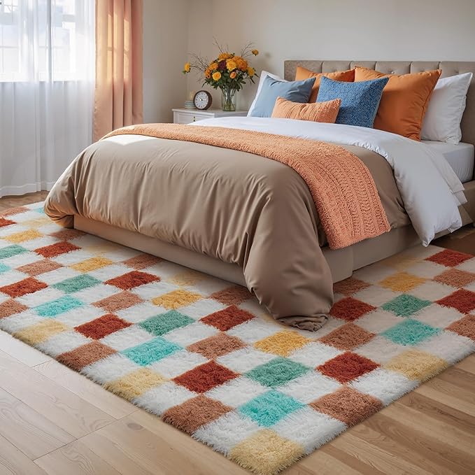 Checkered Rug 6x9 for Living Room, Colorful Modern Shag Rug Washable Non-Slip Large Area Rug Super Soft Indoor Fuzzy Carpet Fluffy Rugs for Bedroom Home Aesthetic Decor