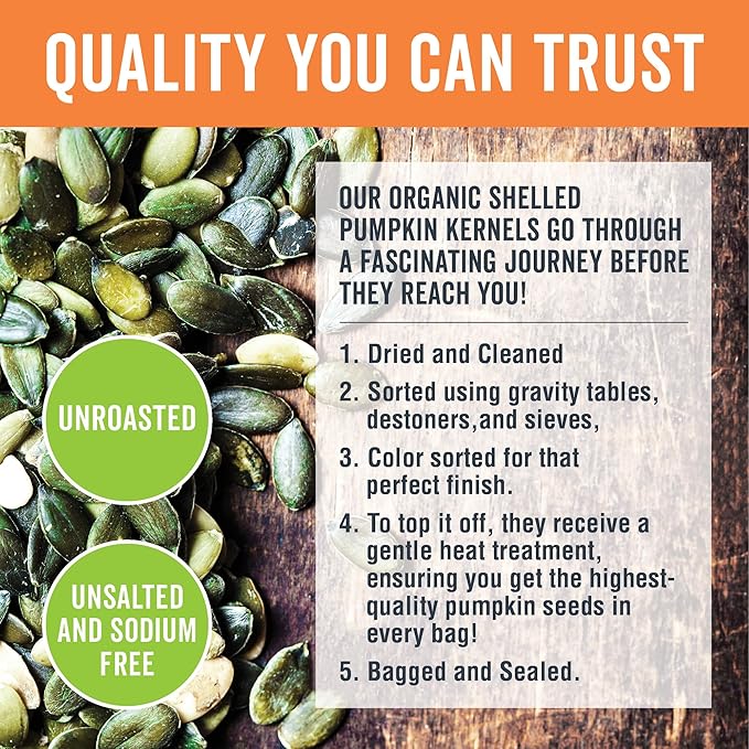Viva Naturals Organic Pumpkin Seeds, 2 lb (32 oz, 907 g) – Shelled, Unroasted, Unsalted, Non-GMO, Vegan, Good Source of Iron & Dietary Fiber, Perfect for Salads