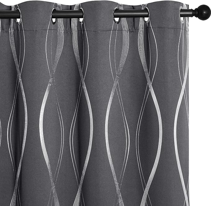 NICETOWN Blackout Curtains Panels for Bedroom, Microfiber Noise Reducing Thermal Insulated Wave Line Foil Print Design Blackout Curtains for Patio Sliding Glass Door (2 Panels, 34 x 84 Inch, Gray)