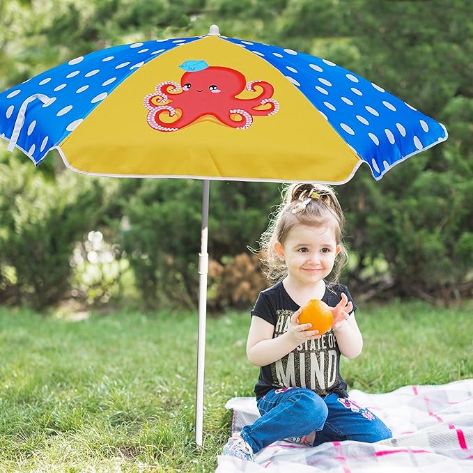 AMMSUN 5ft Seaside Umbrella for Sand Box Water Table Picnic Table - Kids Durable Umbrellas for children Beach Camping Garden Outdoor Play Shade Blue Yellow Octopus