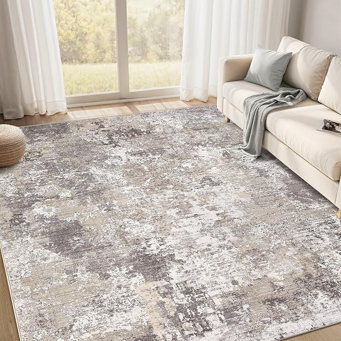 Area Rugs for Living Room: 5x7 Abstract Washable Rug Modern Neutral Large Soft Stain Resistant Non-Slip Backing Machine Table for Bedroom Dining Room Indoor Home Office Carpet - Light Brown