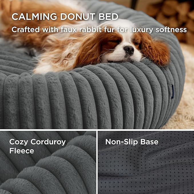 Bedsure Donut Small Dog Bed - Dog Beds for Small Dogs with Corduroy Fleece & Anti Slip Bottom, Round Faux Fur Pet Beds with Washable Removable Cover, Warm Grey, 23x23x7 inches