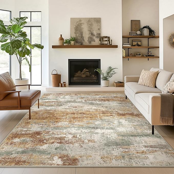 Area Rugs 6x9 for Living Room Bedroom, Modern Abstract Machine Washable Rug, Soft Low Pile Floor Cover with Non Slip Backing for Dining Room, Orange Green