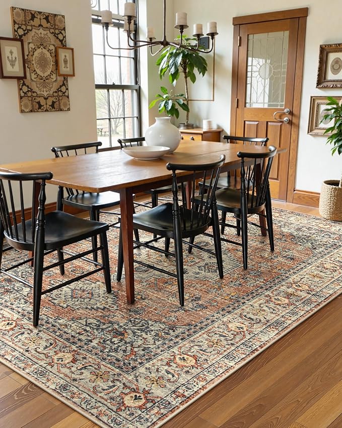 Lahome Oriental Washable Rugs 8x10, Non-Slip Soft 8x10 Rugs for Living Room Bedroom, Stain Resistant Ultra-Thin Vintage Accent Carpet for Dining Room Office, Peach/Orange
