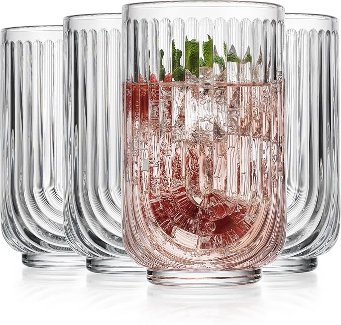 Glaver's Vintage Glassware Art Deco Glasse Ribbed Drinking Glasses U-Shape Arch Design Colored Cocktail Kitchen Tumblers Everyday Dinner Decorative Party (Clear S/4 17oz)
