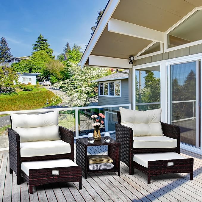 Pamapic 5 Pieces Patio Furniture Set, Rattan Balcony Furniture with Ottomans, PE Wicker Outdoor Patio Chairs Set with Coffee Table for Poolside, Porch, Lawn, Garden, Balcony(Beige)