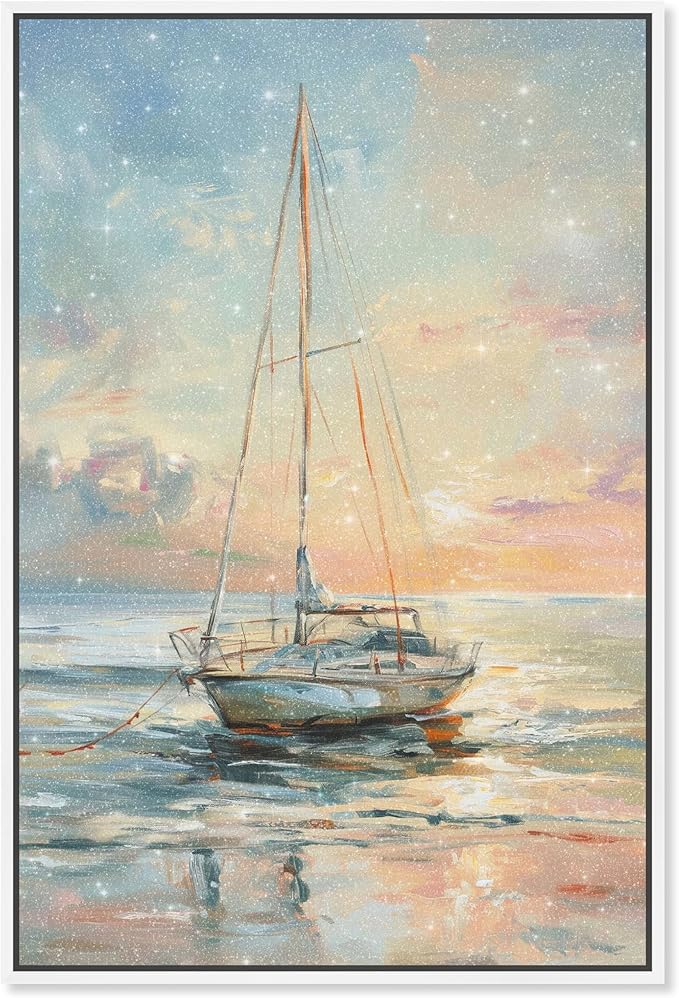 Art Remedy Boat On The Shore Framed Sailing 1 Piece Canvas Wall Art, 17" x 25", White Frame