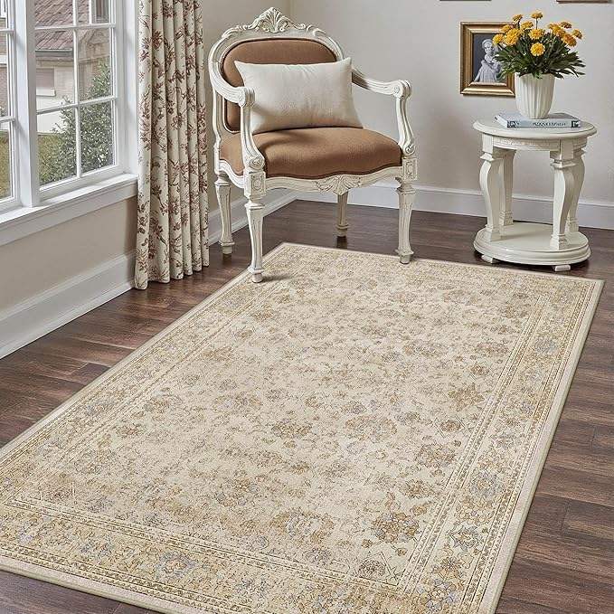 HUGEAR 3x5 Entryway Area Rug Beige Vintage Small Rug Machine Washable Door Mat Retro Floral Low Pile Carpet Vacuumable Distressed Throw Rug Entrance Kitchen Bedroom Bathroom Non Slip Lightweight