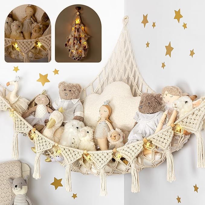 Stuffed Animal Hammock Corner | Sturdy Handcrafted Stuffed Animal Net | 4mm Double Macrame Cord Stuffed Animal Holder | Natural 100% Cotton Plushie Net | Toy Hammock w/LED Light (Ice Cream)