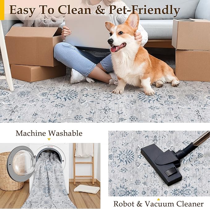 3x5 Area Rug Blue Washable Entryway Vintage Carpet Office Small Non Slip Stain Soft Resistant Low Pile Thin Boho Accent Indoor Throw Rug for Laundry Kitchen Bathroom Entrance Bedroom