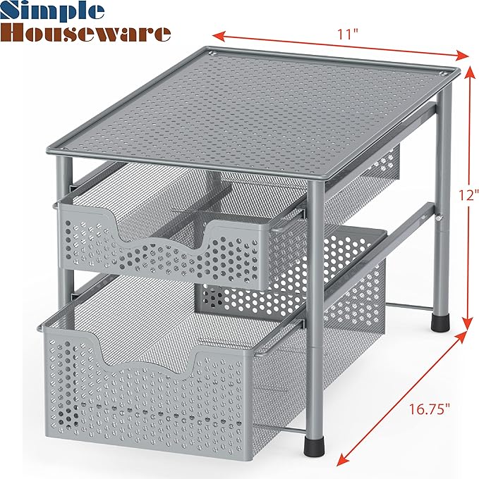 Simple Houseware Stackable 2 Tier Sliding Basket Organizer Drawer, Silver