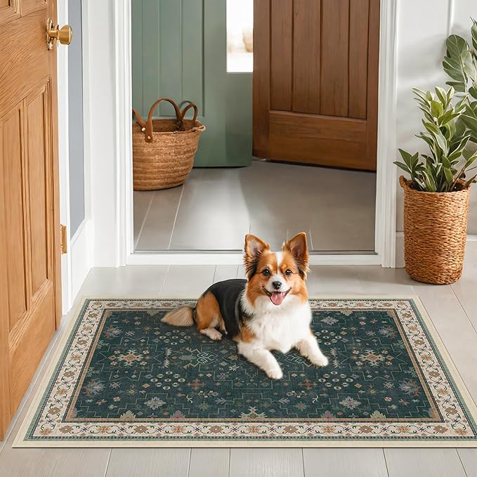 Dark Green Oushak 3x5 Large Entryway Rug - Modern Vintage Boho Eclectic Floral Pastel, Washable Low Pile Non-Slip Area Rugs for Door Mat Indoor Entrance, Kitchen, Bedroom Beside Bed, Laundry