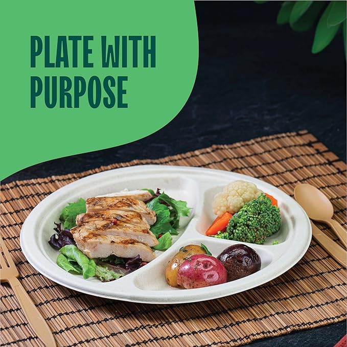100% Compostable, 3 Compartment, Disposable Paper Plates [125-Pack] - {PFAS Free} - {BPA Certified} - [10 Inch] Heavy Duty Biodegradable Bagasse Sectional Lunch Trays + Dividers - Divided Platte Tray