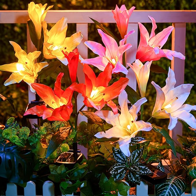 Brightown Solar Lights Outdoor, 4 Pack Solar Garden Lights with Larger & More Realistic Lily Flowers, Waterproof Outdoor Solar Lights for Yard Patio Lawn Pot Decoration