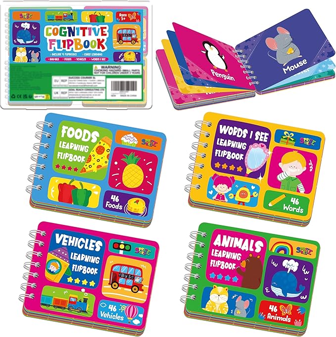 4 Early Learning Flipbooks, Double-Sided Mini Book Set - Animals, Foods, Vehicles, Daily Items, Early Educational Language Learning Tool for Kids