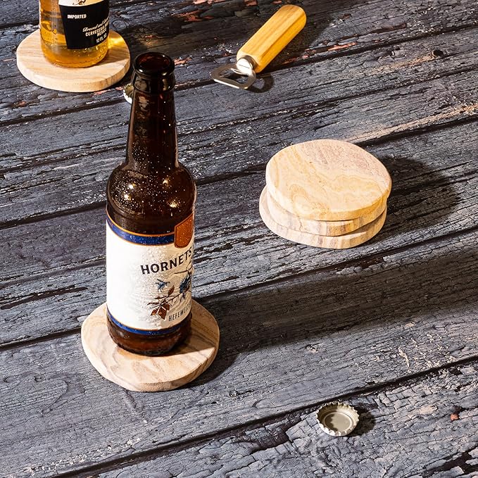 Cork & Mill Absorbent Coasters Set of 4 - Water Absorbing Sandstone Coasters for Drinks - Perfect for Coffee Table, Office Desk, Outdoor, Bedroom Nightstand - 4" Round - Unique Irregular Edge Design