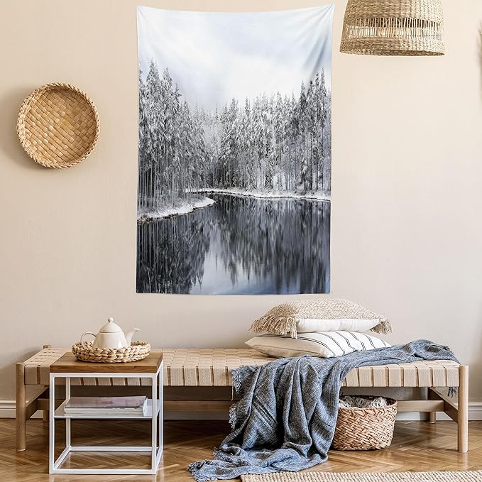 Ambesonne Woodland Tapestry Twin Size, Lake Surrounded by Snow Covered Trees on a Cold Winter Day in Finland Reflections, Wall Hanging Bedspread Bed Cover Wall Decor, 68" X 88", White Brown