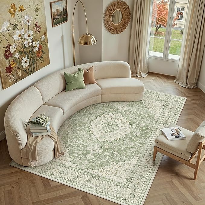 8x10 Green Washable Vintage Area Rug for Living Room Bedroom Soft Tranditional Non Slip Large Throw Rug Lightweight Floral Low Pile Distressed Carpet Office Playroom Home Decor