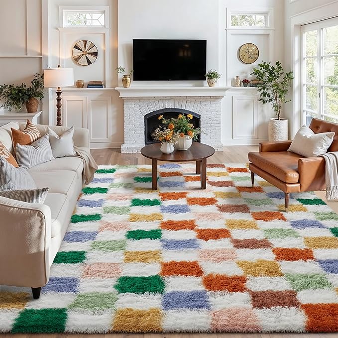 Checkered Rug 7x10 for Living Room, Modern Neutral Shag Rug Washable Non-Slip Large Area Rug Super Soft Indoor Fuzzy Carpet Fluffy Rugs for Bedroom Home Aesthetic Decor