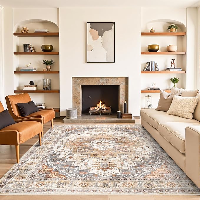 6x9 Area Rugs for Living Room,Super Soft Ultra-Thin Stain Resistant Machine Washable Rugs for Bedroom,Non-Slip Backing Large Area Rug (Turmeric/Grey, 6'x9')