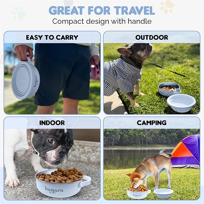 HANARA 2-in-1 Insulated Dog Bowl with Collapsible Lid & Handle ??Stainless Steel, Non-Slip Rubber Base ??Portable Pet Water & Food Bowl for Dogs & Cats ??30 OZ + 20 OZ ??Indoor & Outdoor (Blue)