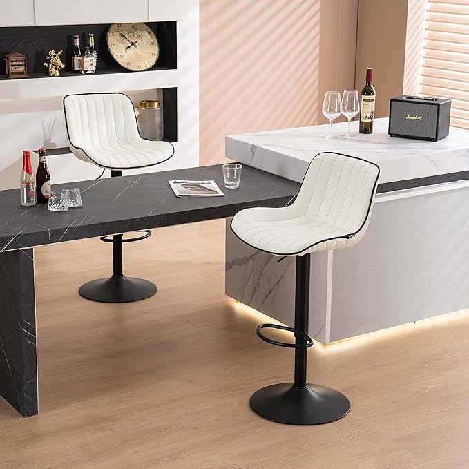 YOUNUOKE Bar Stools Set of 2, Adjustable Swivel Counter Height Chairs with Back, White PU Leather Upholstered Barstools for Kitchen Island Home Bar