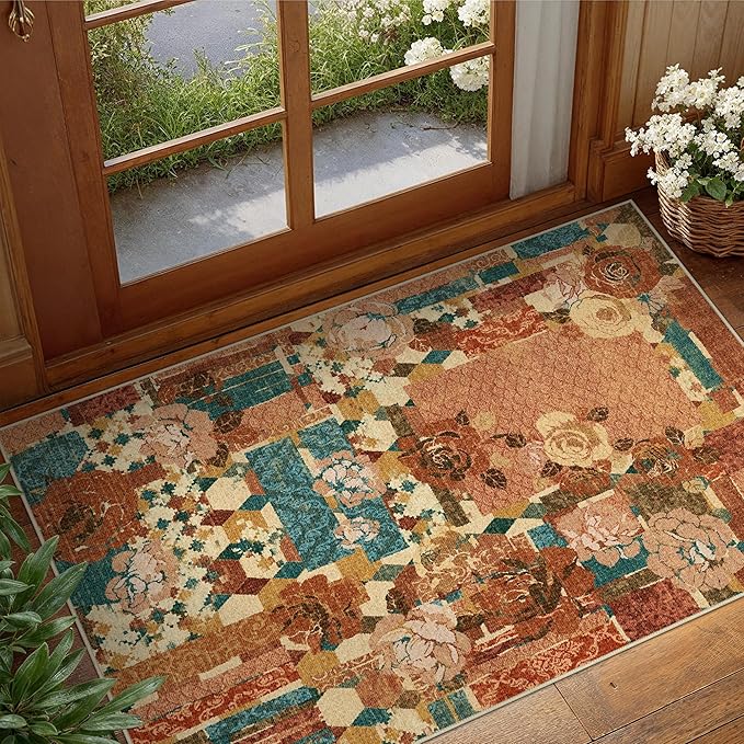 GENIMO Area Rug 2x3 Doormat, Machine Washable Low Pile Rugs, Small Floral Patchwork Retro Chenille Entryway Mat for Entrance, Hallway, Kitchen and Corridor, Rose Red