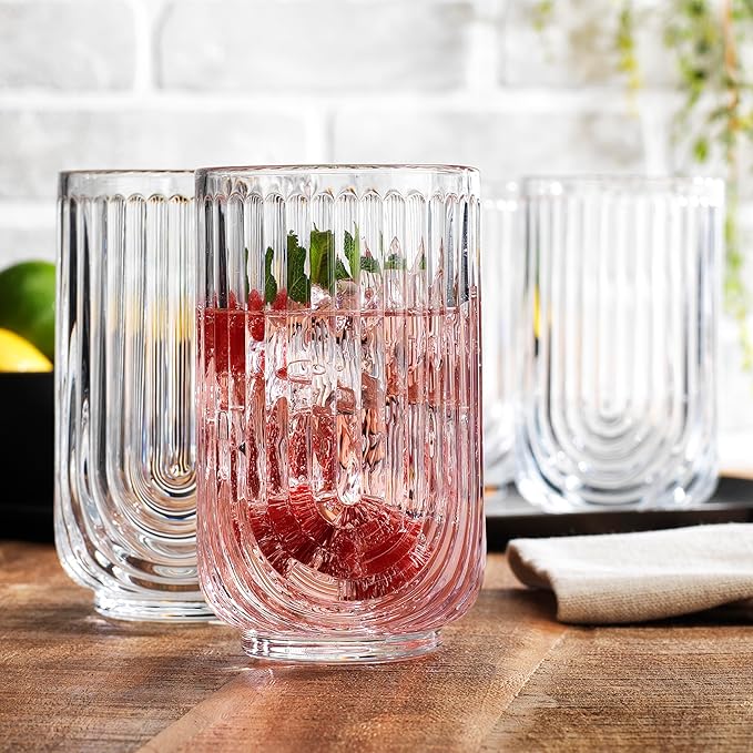 Glaver's Vintage Glassware Art Deco Glasse Ribbed Drinking Glasses U-Shape Arch Design Colored Cocktail Kitchen Tumblers Everyday Dinner Decorative Party (Clear S/4 17oz)