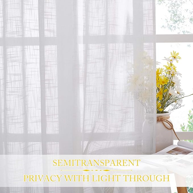 NICETOWN Sheer Curtains for Small Window - Thick Linen Look Window Covering Semi-Voile Drapes for Laundry with Grommet Top （White, 52 Inch Width, 45 Inch Length, 1 Pair