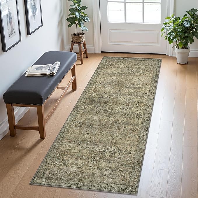 2x10 Runner Rug Machine Washable Boho Rug Runners for Hallway,Ultra-Thin Low Pile Rug,Lightweight Indoor Carpet,Non Slip Floral Runners for Enrtyway, Corridor, Home Office, Kitchen,Sage