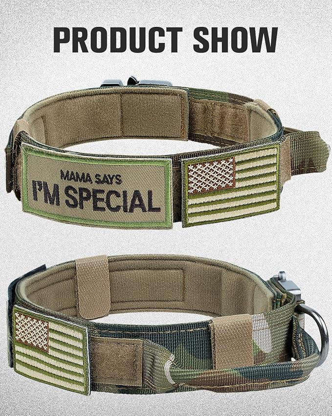 Joytale Tactical Dog Collar with Handle, Adjustable Heavy Duty Military Collar with 2 Patches for Training, Suitable for Large Dogs, Camouflage, L