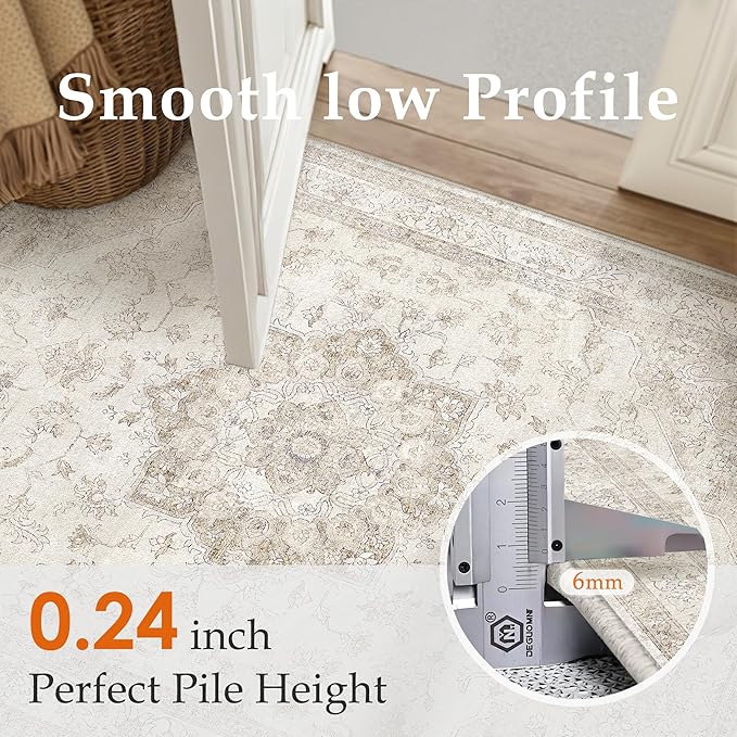 Beige Runner Rug 2x6 Washable Vintage Long Carpet for Hallway Kitchen Soft Retro Low Pile Thin Indoor Runner Non Slip Oriental Medallion Throw Rug for Bathroom Bedroom Laundry Dining Room
