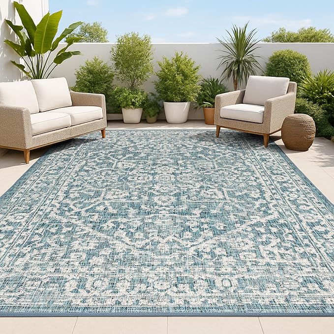 JONATHAN Y Boho Medallion Indoor Outdoor Area Rug 4X6 Teal/Gray, Malta Textured Weave for Backyard, Patio, Porch, Easy-Cleaning, High Traffic, Pet-Friendly, Non-Shedding (SMB104B-4)