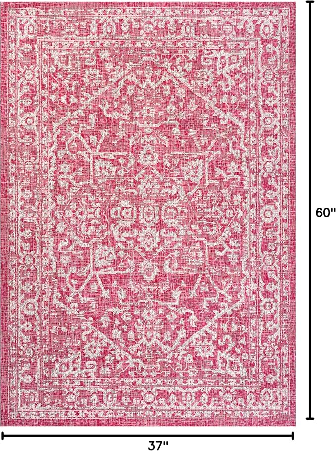 JONATHAN Y Boho Medallion Indoor Outdoor Area Rug 3X5 Fuchsia/Light Gray, Malta Textured Weave for Backyard, Patio, Porch, Easy-Cleaning, High Traffic, Pet-Friendly, Non-Shedding (SMB104E-3)