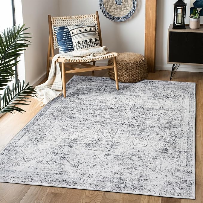 Area Rug 6횞9, Large Vintage Boho Rug,Ultra-Soft Low Pile, Washable, Non Slip,Stain Resistant, Printed Carpet for Living Room Bedrooms Playroom Office Kitchen, Classic-Grey